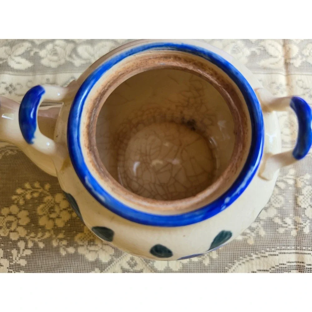 Vtg Made in Japan Hand Painted Flower Tea Pot Blue Red Floral Crazing Glaze